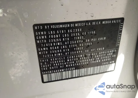 2022 Volkswagen Tiguan 2.0T Se from USA, damaged, VIN 3VV3B7AX5NM131569